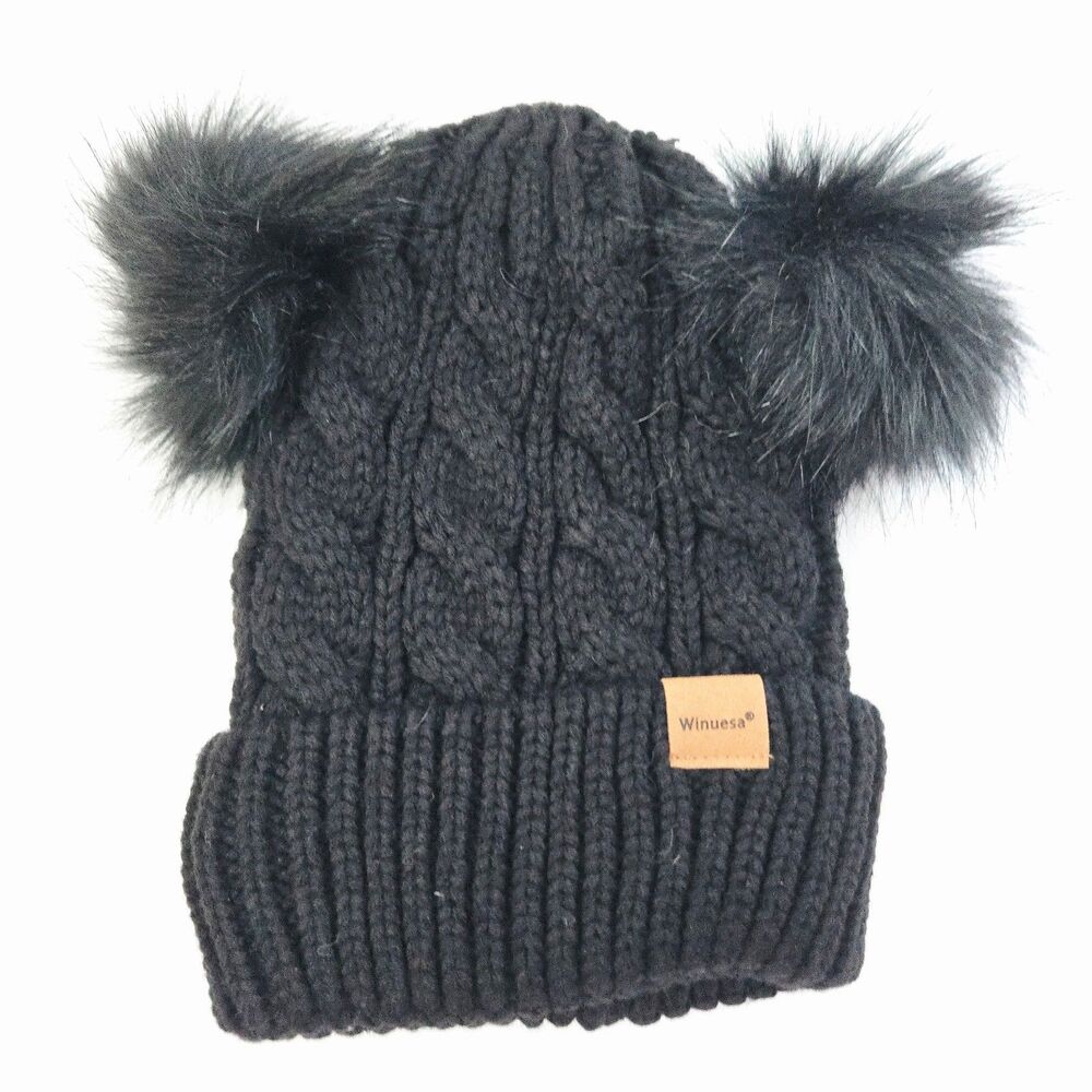 Women's Black Cable Knit Double Pom Pom Beanie Winter Hat Fleece Lined Cat Ears